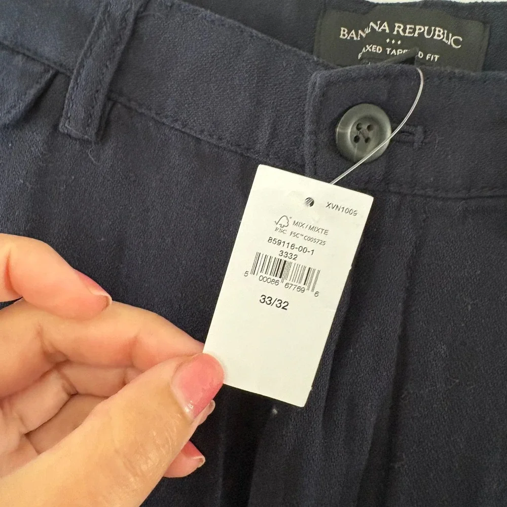 Banana Republic Men Navy Linen Blend Relaxed Tapered Fit Pants Ankle 33x32 NEW